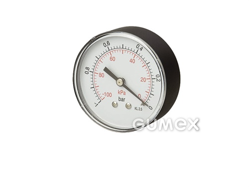 Manometer štandardný so zadným vývodom, priemer 63mm, vonkajší závit G 1/4", -1-0bar (vákuometer), trieda presnosti 1,6%, priezor akryl, púzdro oceľ, -40°C/+60°C